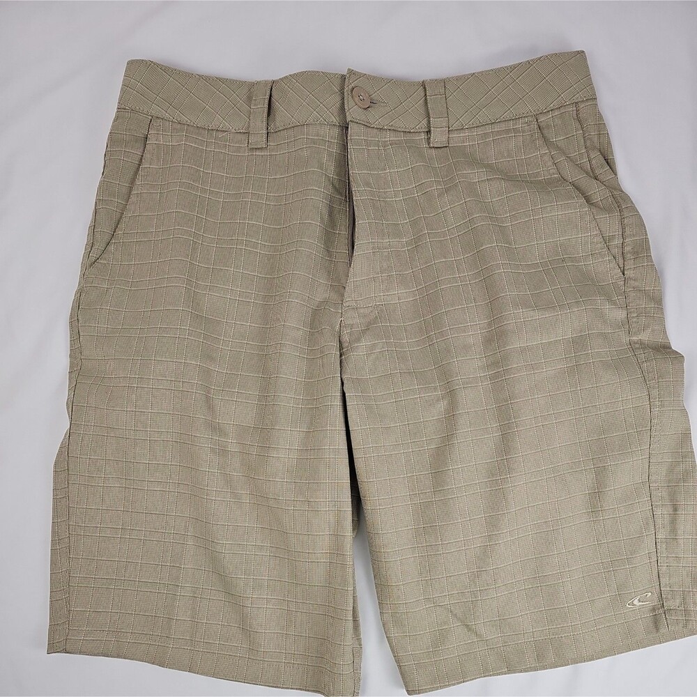 O'Neill Men's Size 34 Khaki Tan Plaid Flat Front Casual Golf Walking Shorts